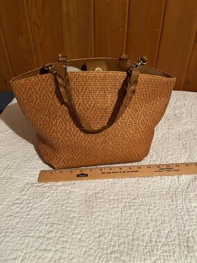 Fossil Woven Straw Tote with Brown Handles